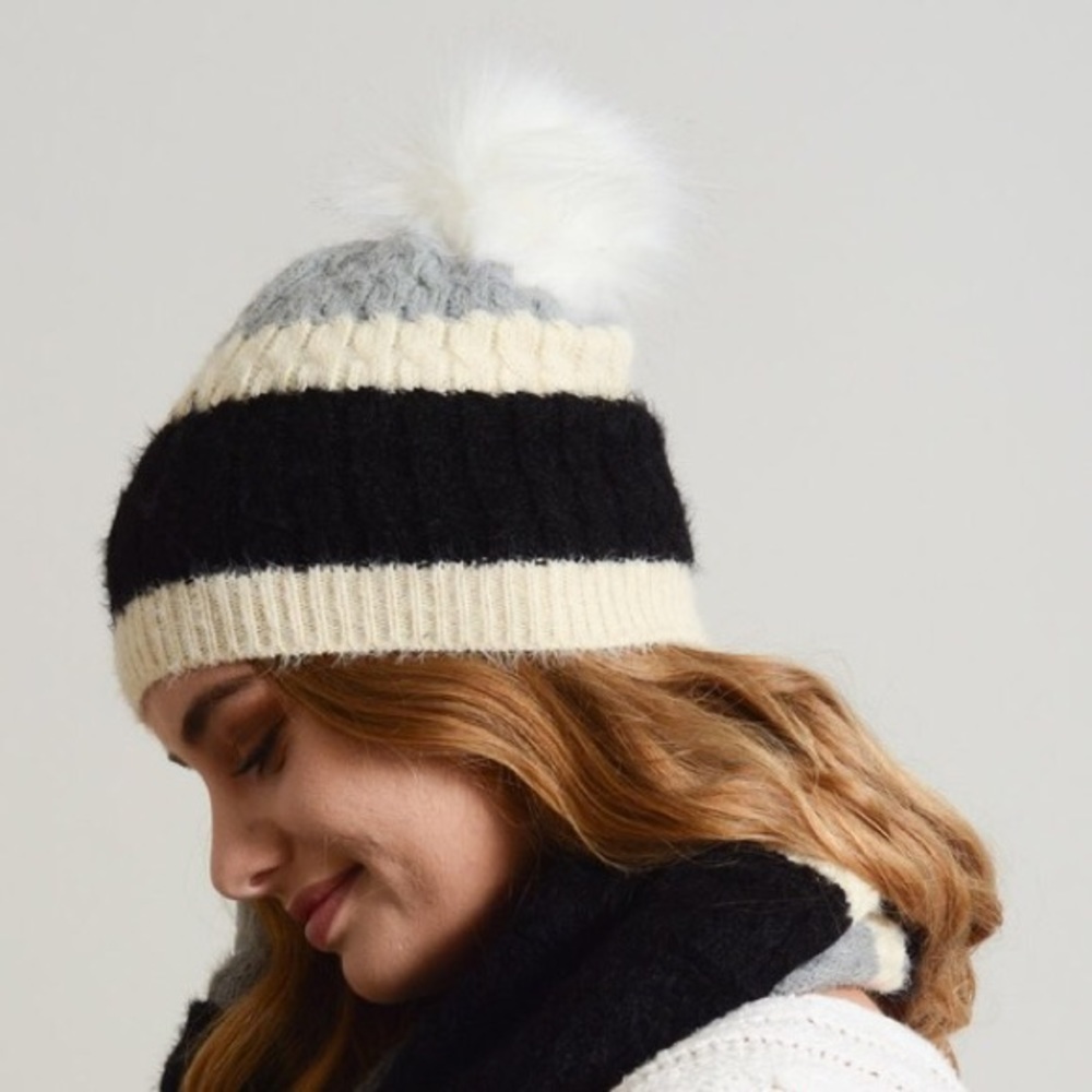 Black and grey softest Pom beanie
